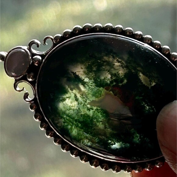 Moss Agate Moon Stone Green Brooch Pin Pendant 2.75” - Picture 3 of 7